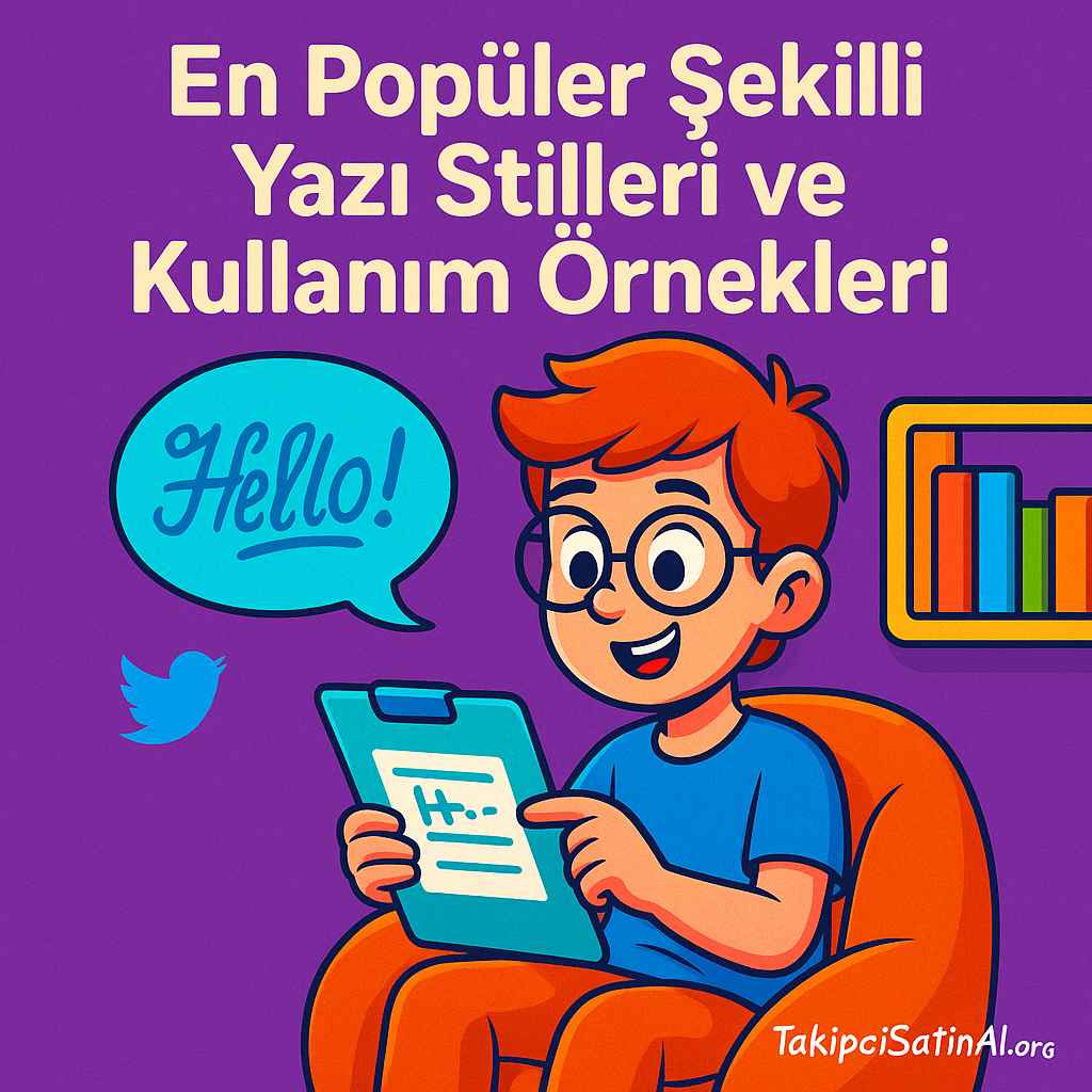 En popüler Twitter şekilli yazı stillerini sunan, sunum tahtası önünde örnek metinleri gösteren gözlüklü genç erkek karakterin yer aldığı canlı renkli sosyal medya görseli. 