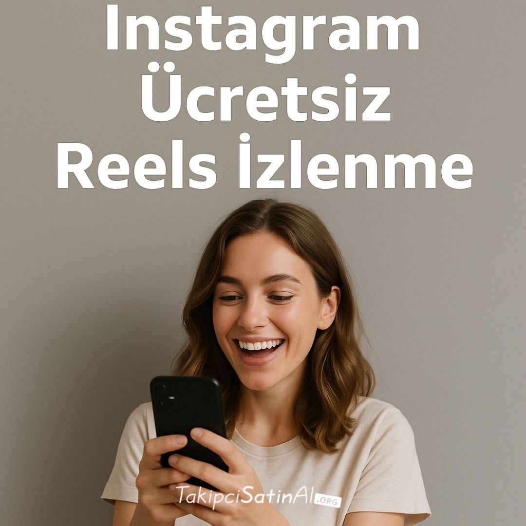 Ücretsiz reels görüntüleme ve izlenme yazısı ve gerçek kişi içeren bej arka planda görsel