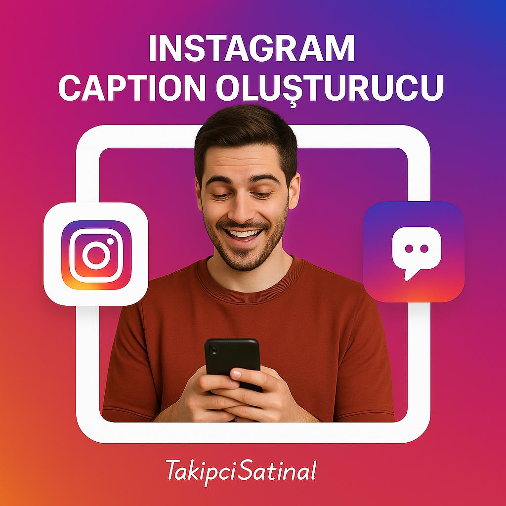 Instagram gradyen arka plan önünde kiremit rengi tişörtlü genç bir adam telefonuna bakarak heyecanla gülümsüyor. Solunda Instagram logosu, sağında konuşma balonu ikonu yer alıyor. Üstte “Instagram Caption Oluşturucu” yazısı, altta TakipciSatinal logosu bulunuyor.