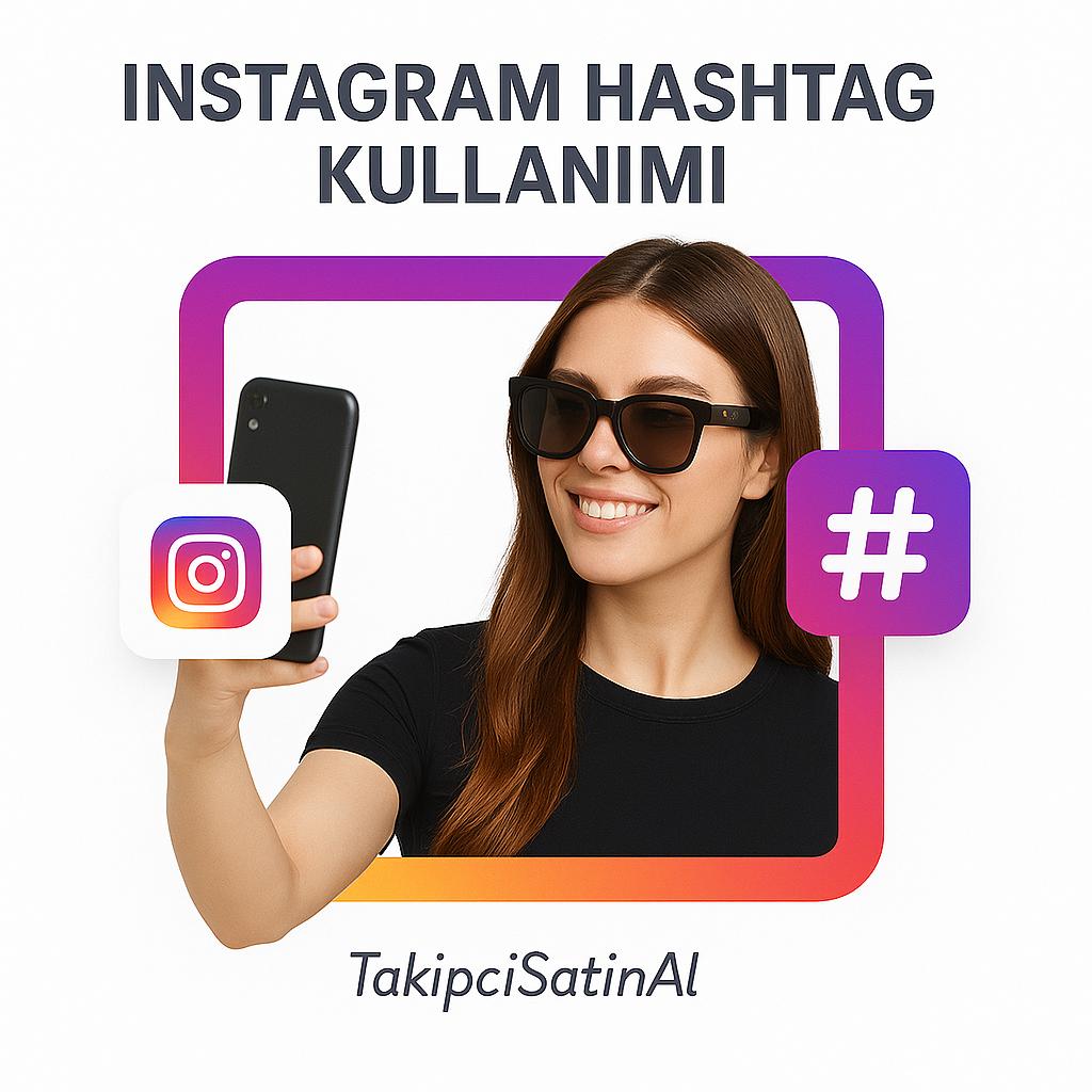 Beyaz arka plan üzerinde siyah tişörtlü, kumral saçlı ve büyük siyah gözlük takan genç bir kadın telefonunu yukarı kaldırarak selfie çekiyor. Etrafında Instagram renkli çerçeve, sol tarafta Instagram logosu ve sağda hashtag simgesi bulunuyor. Üstte “Instagram Hashtag Kullanımı” başlığı, altta TakipciSatinal logosu yer alıyor.