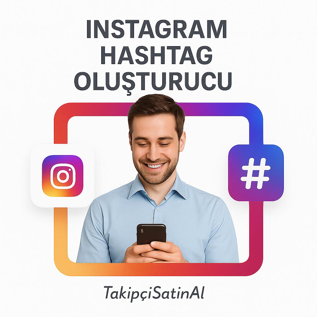 Beyaz arka plan üzerinde açık mavi gömlek giymiş bir adam telefonuna bakarak gülümsüyor. Etrafında Instagram renklerinde bir çerçeve bulunuyor. Sol tarafta Instagram logosu, sağda büyük bir hashtag simgesi yer alıyor. Üstte “Instagram Hashtag Oluşturucu” başlığı, altta TakipciSatinal logosu yer alıyor.