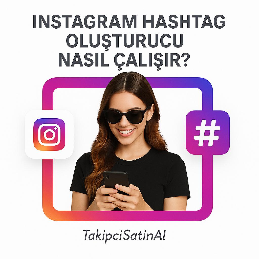 Beyaz arka plan üzerinde siyah tişörtlü, büyük siyah güneş gözlüğü takan genç bir kadın telefonuna bakarak gülümsüyor. Etrafı Instagram renkli bir çerçeveyle çevrili. Sol tarafta Instagram logosu, sağda büyük bir hashtag simgesi yer alıyor. Üstte “Instagram Hashtag Oluşturucu Nasıl Çalışır?” başlığı, altta TakipciSatinal logosu yer alıyor.
