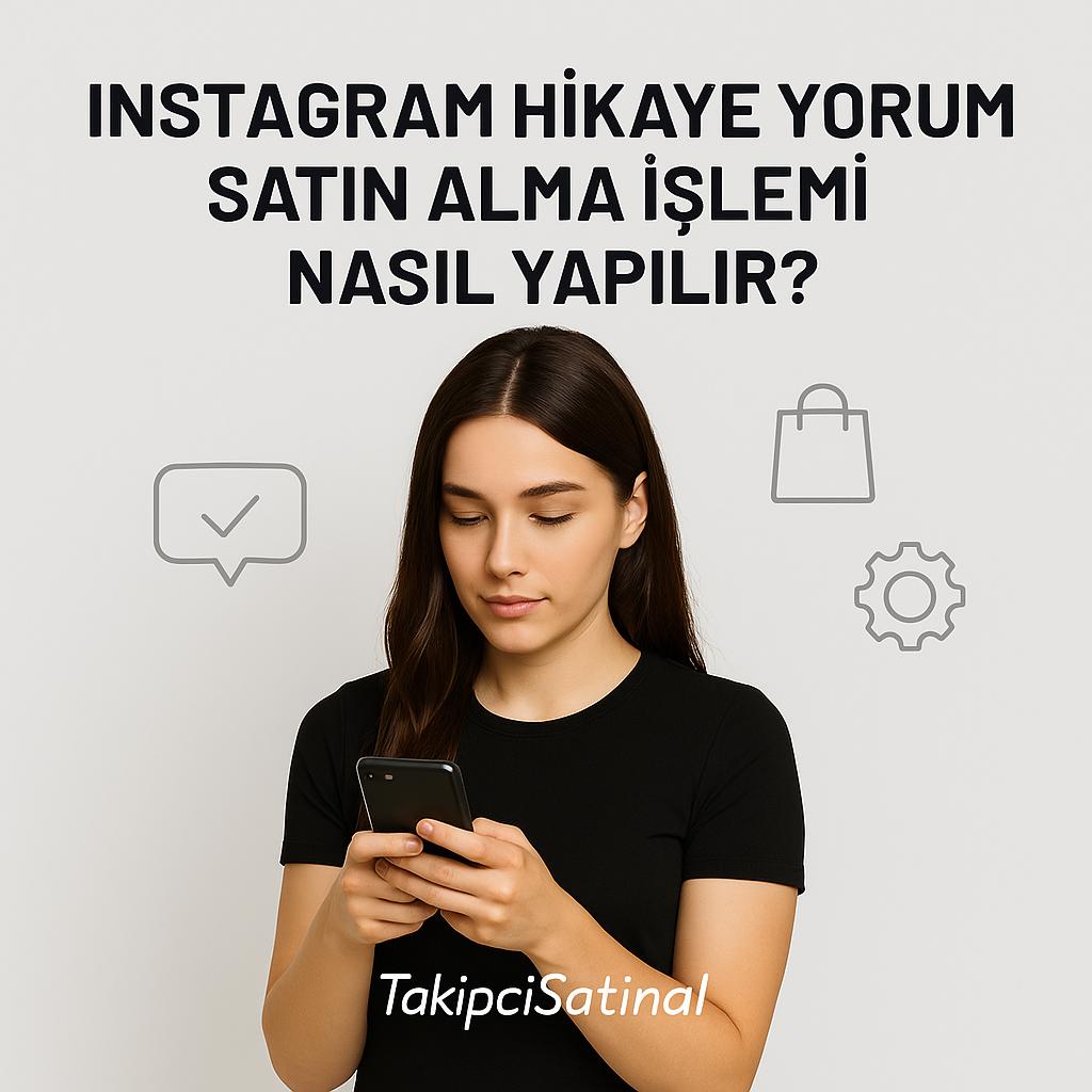 Açık gri arka plan önünde siyah tişörtlü genç bir kadın iki eliyle telefonuna odaklanmış şekilde bakıyor. Üstte "Instagram Hikaye Yorum Satın Alma İşlemi Nasıl Yapılır?" başlığı yer alıyor. Etrafında alışveriş, ayarlar ve onay ikonları bulunuyor. Alt kısımda TakipciSatinal logosu net biçimde yer alıyor.
