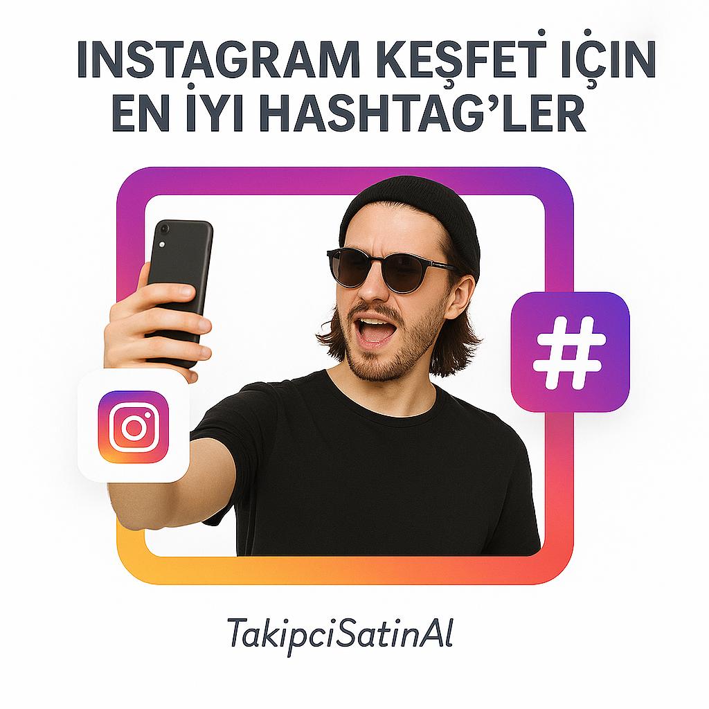 Beyaz arka plan önünde siyah tişörtlü, uzun saçlı ve güneş gözlüklü genç bir adam, telefonunu yukarı kaldırarak selfie çekiyor. Etrafı Instagram renkli çerçeveyle çevrili. Sol alt köşede Instagram logosu, sağda hashtag simgesi yer alıyor. Üstte “Instagram Keşfet İçin En İyi Hashtag’ler” başlığı, altta TakipciSatinal logosu bulunuyor.