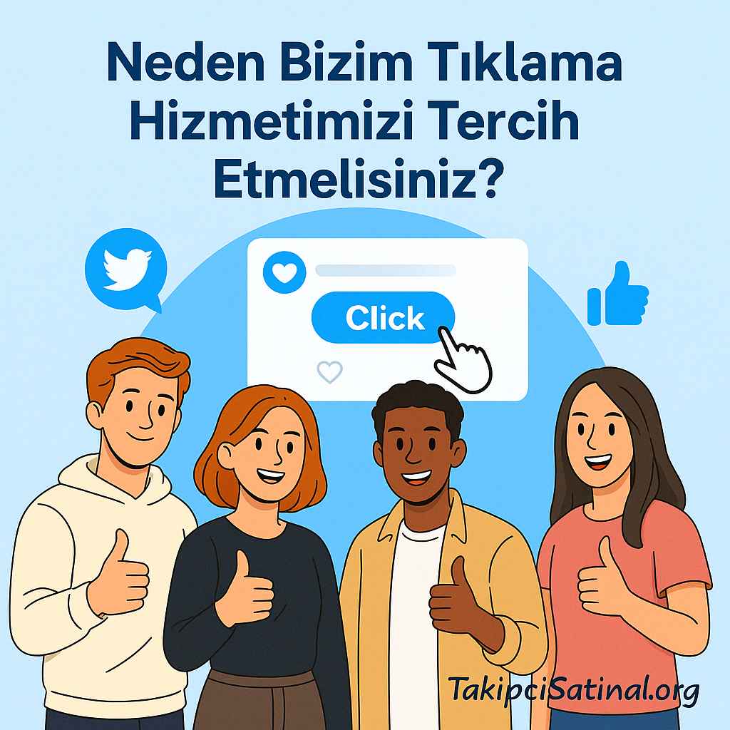 TakipciSatinal.org’un tıklama hizmetini tanıtan, dört genç karakterin başparmak işaretiyle memnuniyet gösterdiği, Twitter temalı ve etkileşim simgeleriyle desteklenmiş dijital tanıtım görseli.
