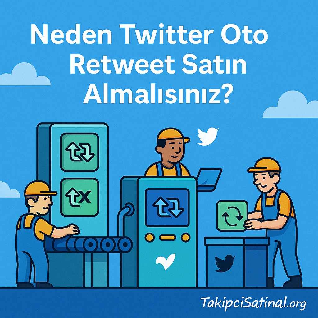 Twitter oto retweet satın alma nedenlerini açıklayan, fabrika hattında retweet ikonları üreten makineler ve çalışan karakterlerle desteklenmiş açıklayıcı sosyal medya görseli.