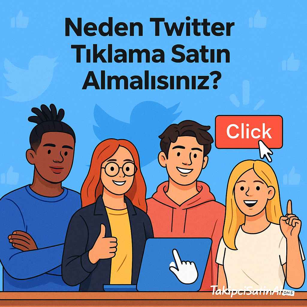 Twitter tıklama satın alma hizmetinin avantajlarını vurgulayan, dört genç karakterin bulunduğu, etkileşim simgeleri ve tıklama butonuyla zenginleştirilmiş sosyal medya görseli.