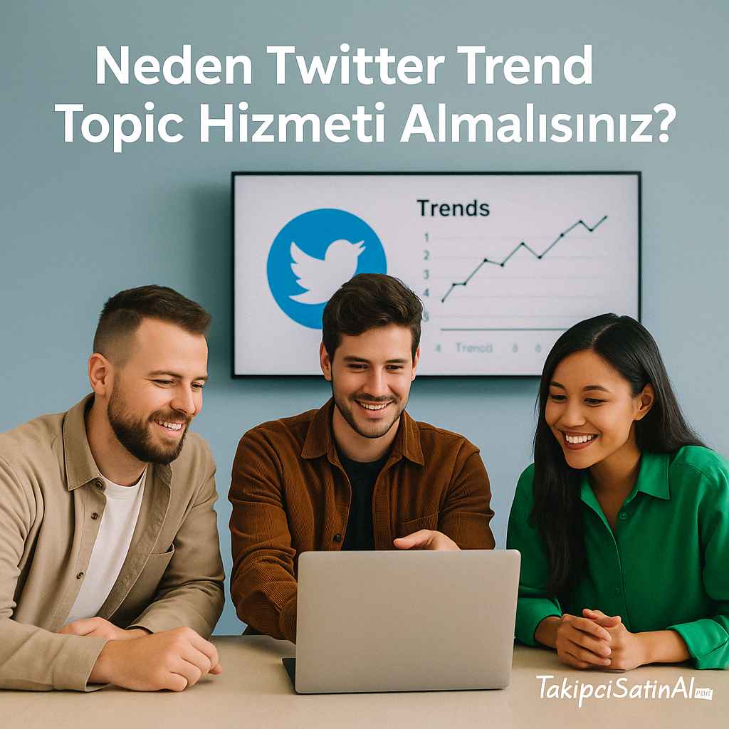 Twitter trend topic hizmetinin avantajlarını anlatan, üç genç profesyonelin bir masa etrafında laptop üzerinde çalıştığı, arka planda Twitter trend grafiği bulunan ofis ortamında çekilmiş gerçekçi sosyal medya tanıtım görseli.
