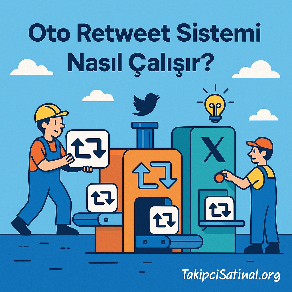 Oto retweet sisteminin nasıl çalıştığını anlatan, çizgi işçiler, makine düzenekleri ve retweet ikonlarının yer aldığı fabrika temalı sosyal medya görseli.