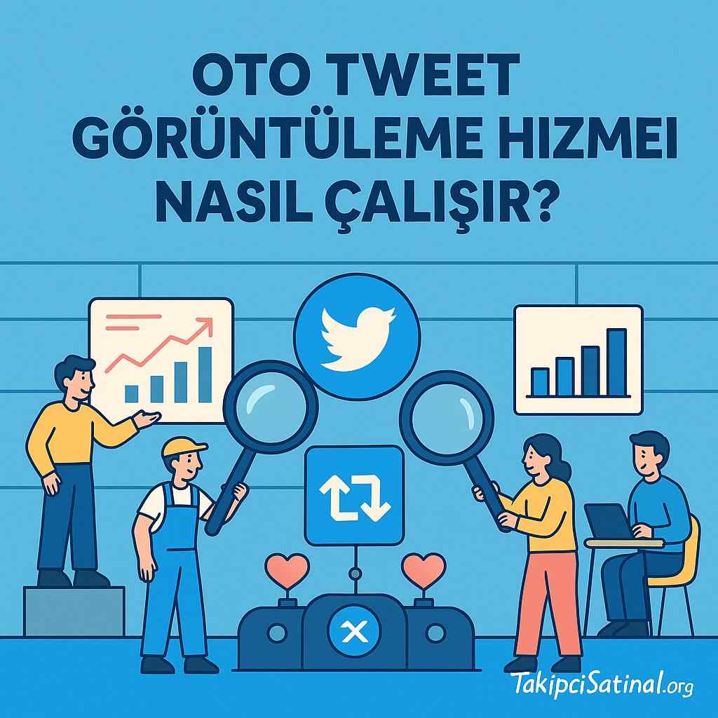 Oto tweet görüntüleme hizmetinin nasıl çalıştığını anlatan, laboratuvar ortamında grafikler ve büyüteçlerle çalışan karakterler içeren sosyal medya görseli.