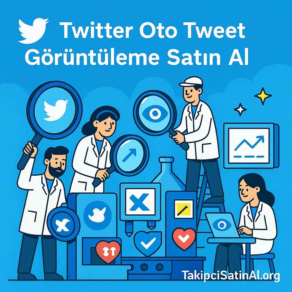 Twitter oto tweet görüntüleme hizmetini anlatan, büyüteçler ve analiz grafiklerinin yer aldığı laboratuvar ortamında çalışan karakterlerle tasarlanmış modern sosyal medya görseli.