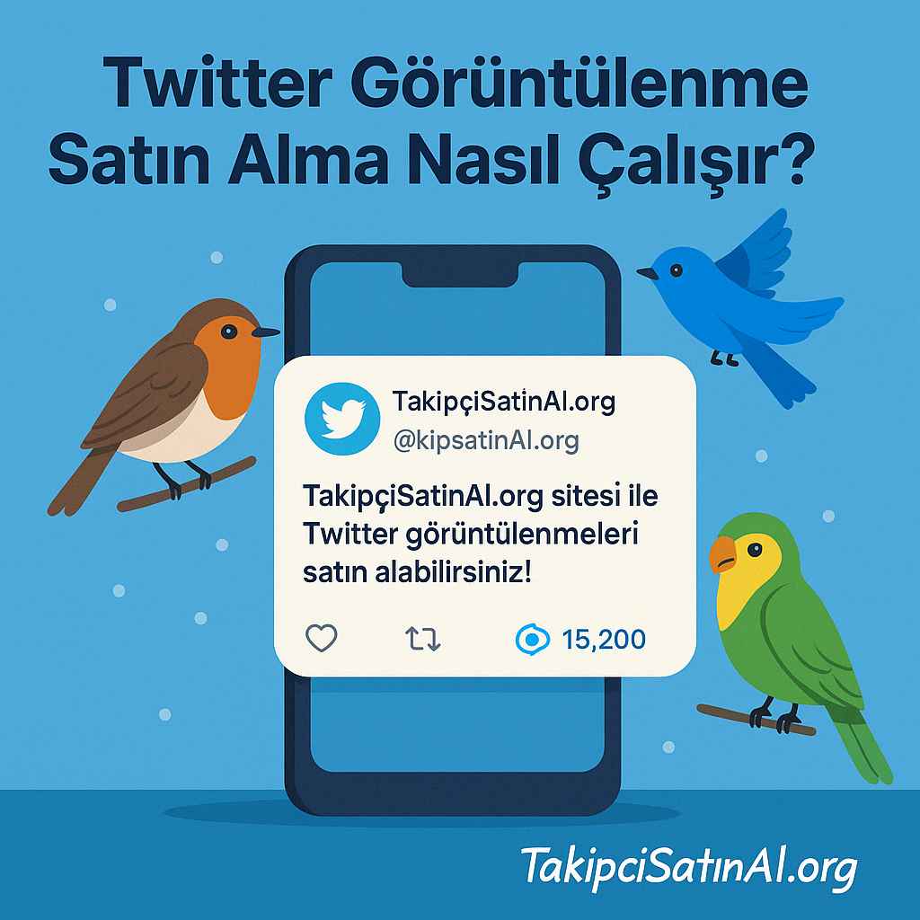 Twitter görüntülenme satın alma hizmetinin nasıl çalıştığını anlatan, mavi tonlarda sosyal medya ikonları, etkileşim öğeleri ve TakipciSatinal.org logosu içeren açıklayıcı bir dijital tanıtım görseli.