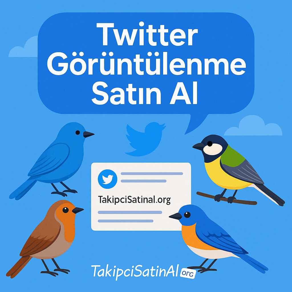 Twitter görüntülenme satın alma hizmetini tanıtan, kuş temalı arka plan ve “TakipciSatinal.org sayesinde tweetlerim daha fazla kişiye ulaşıyor!” içerikli tweet örneğiyle zenginleştirilmiş sosyal medya görseli.