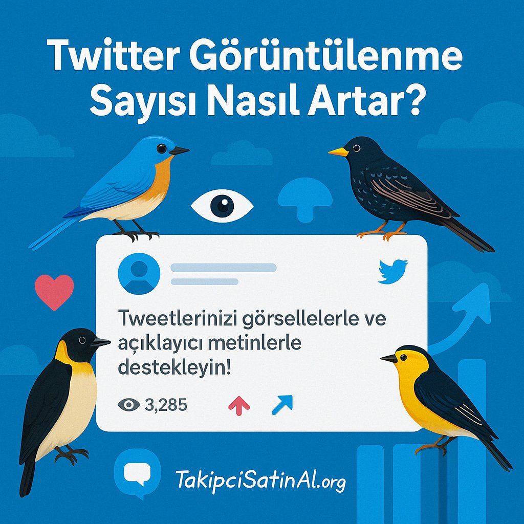 Twitter görüntülenme sayısını artırmanın yollarını anlatan, kuş temalı ikonlar ve tweet kutusu içeren, mavi arka planlı ve TakipciSatinal.org logolu bilgilendirici sosyal medya görseli.