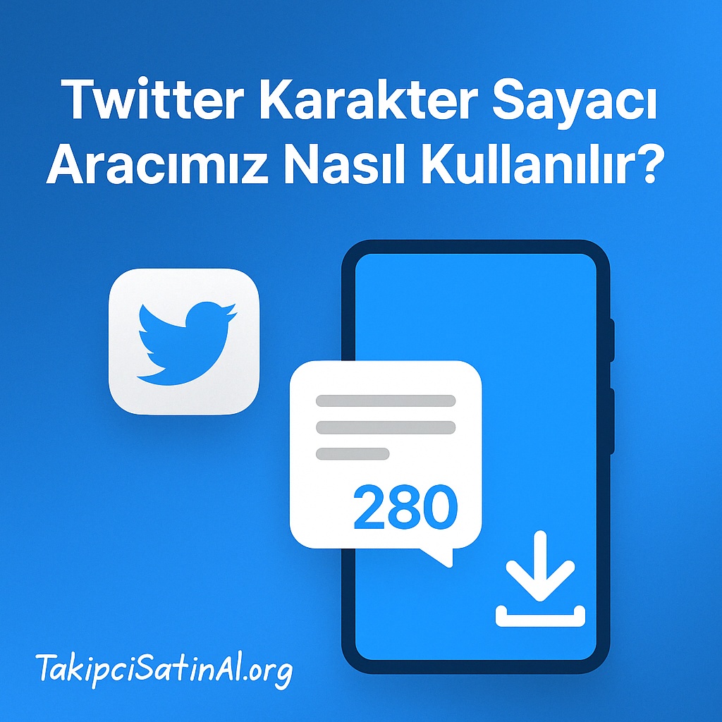 Twitter karakter sayacı aracının nasıl kullanılacağını gösteren, konuşma balonu ve 280 karakter vurgulu, mobil cihaz ve Twitter ikonlarıyla hazırlanmış açıklayıcı sosyal medya görseli.