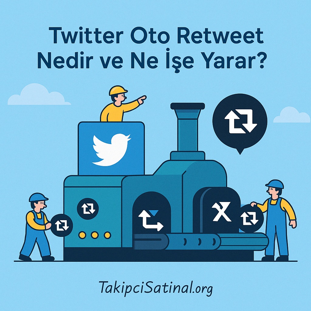 Twitter oto retweet özelliğini açıklayan, mavi fabrika fonunda retweet ikonları üreten makineler ve çalışan karakterlerle zenginleştirilmiş sosyal medya görseli.