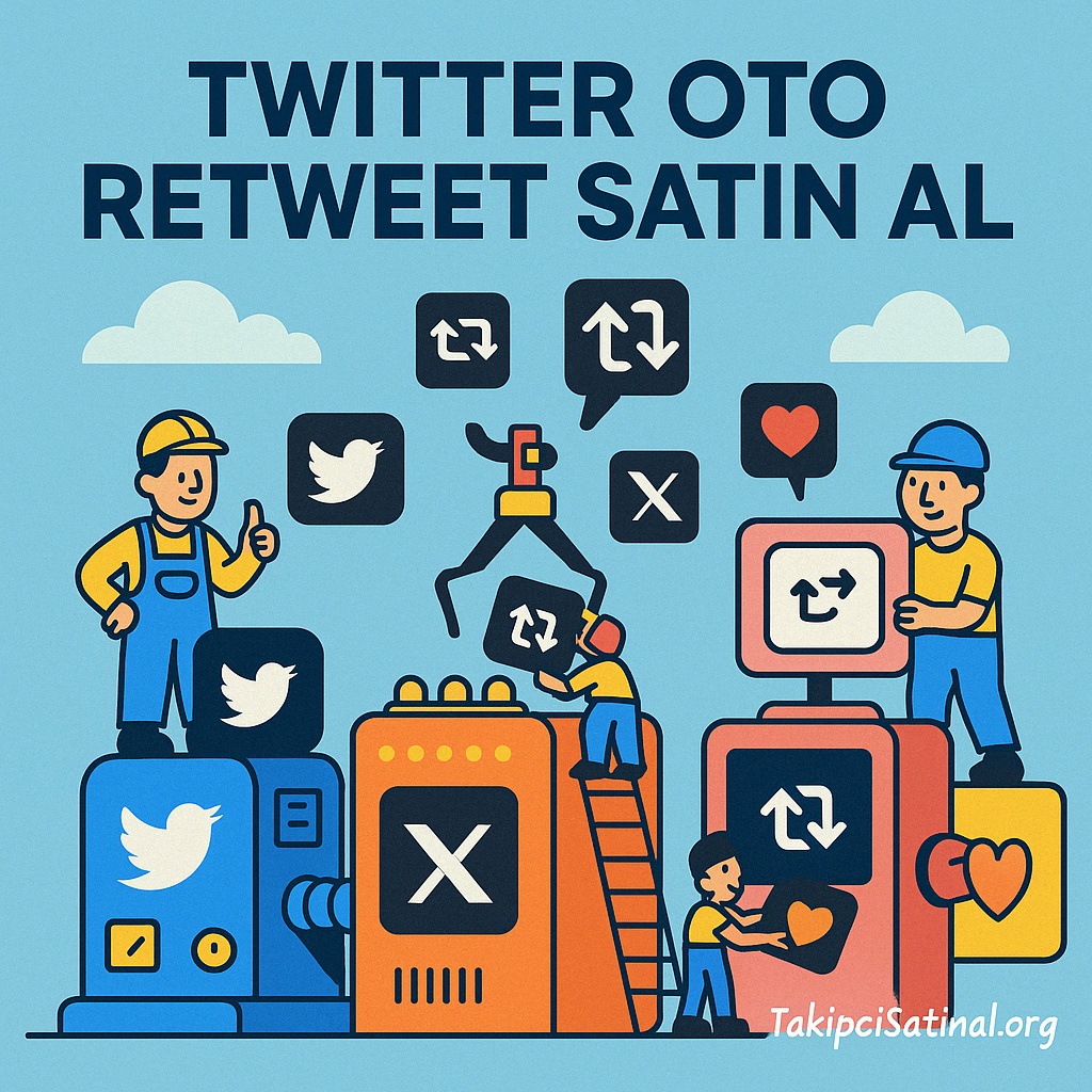 Twitter oto retweet satın alma hizmetini anlatan, retweet ikonları üreten makineler ve mini işçilerin yer aldığı fabrika temalı sosyal medya görseli.