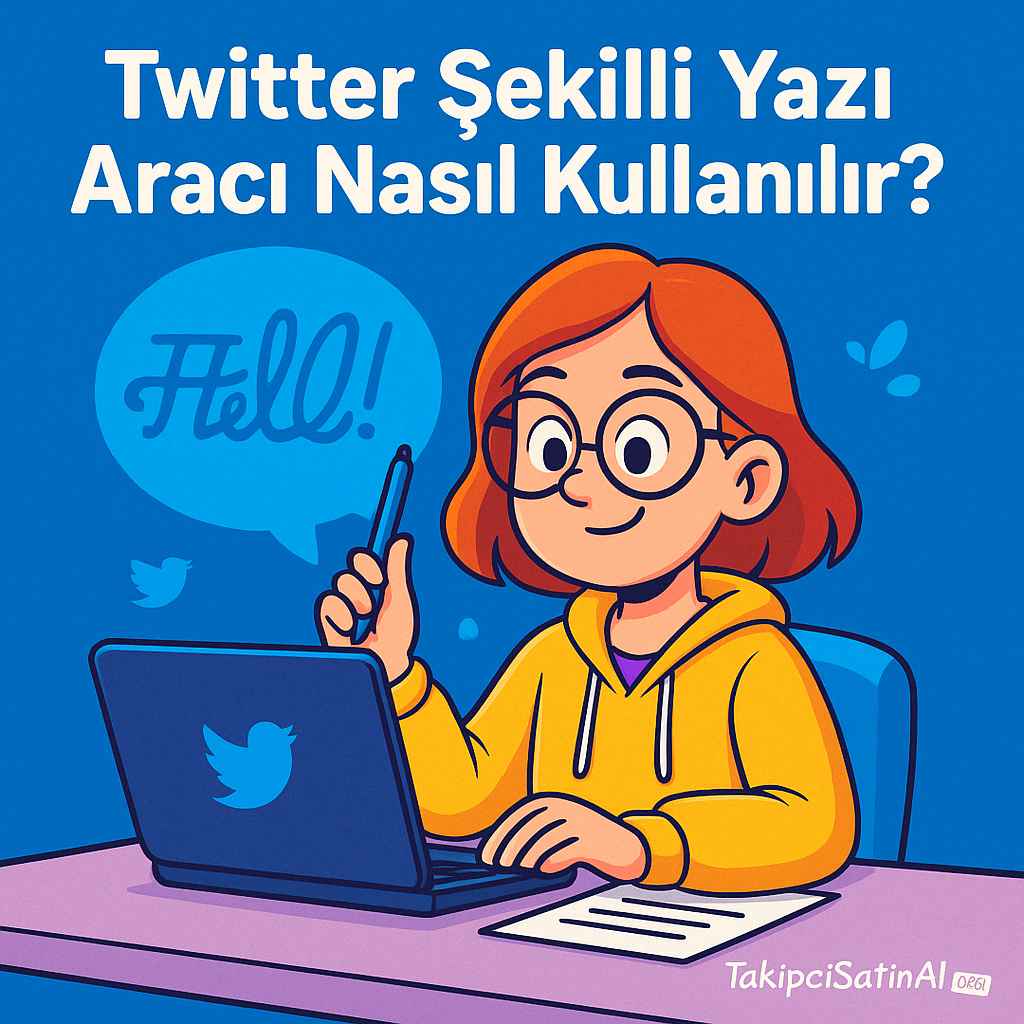 Twitter şekilli yazı aracının kullanımını anlatan, laptop başında çalışan genç kadın karakterin yer aldığı, dijital yazı balonları ve canlı renklerle hazırlanmış eğlenceli sosyal medya görseli.