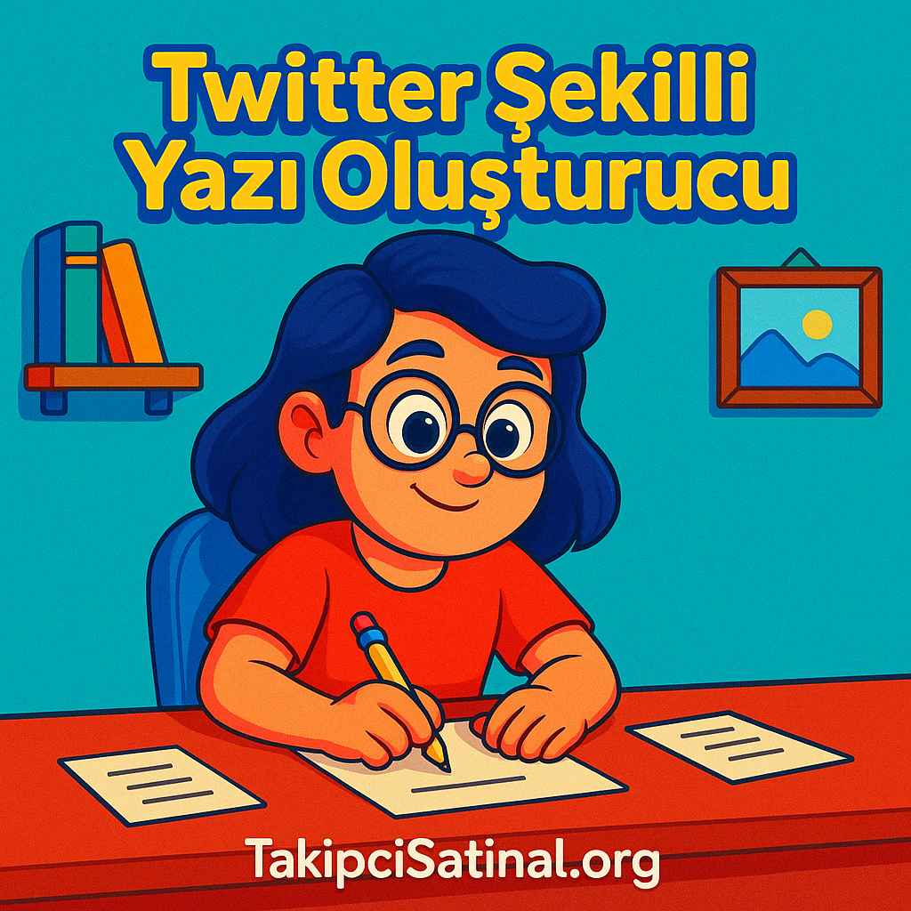 Twitter şekilli yazı oluşturucu aracını tanıtan, Pixar tarzında çizilmiş gözlüklü genç bir kız maskotun masa başında yazı yazarken göründüğü, canlı renklerle hazırlanmış modern ve dikkat çekici sosyal medya görseli.