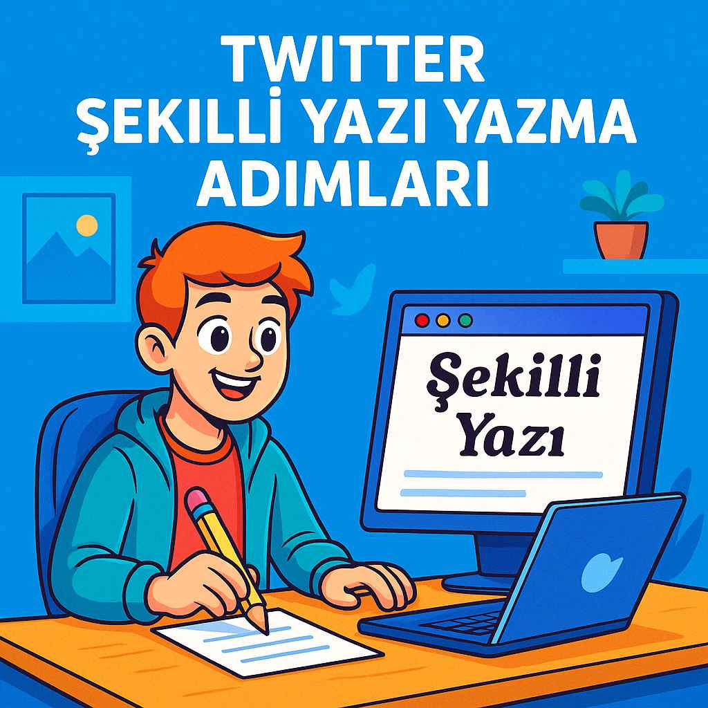 Twitter şekilli yazı yazma adımlarını anlatan, masa başında bilgisayarla yazı yazan genç bir erkek karakterin yer aldığı, canlı renkli ve eğlenceli sosyal medya görseli. 