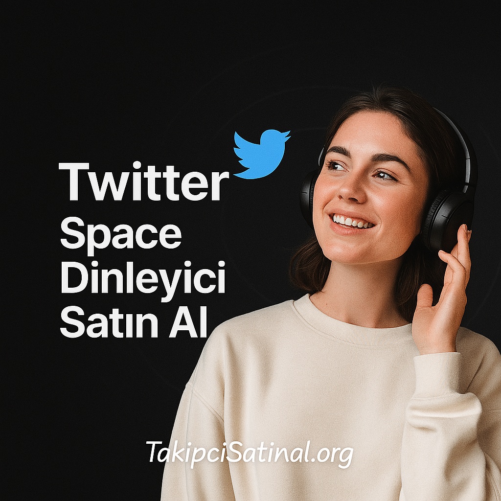 Twitter Space dinleyici satın alma hizmetini tanıtan, kulaklıkla dinleyen genç bir kadını içeren, gerçek kişi odaklı ve Twitter temasına uygun sosyal medya reklam görseli.