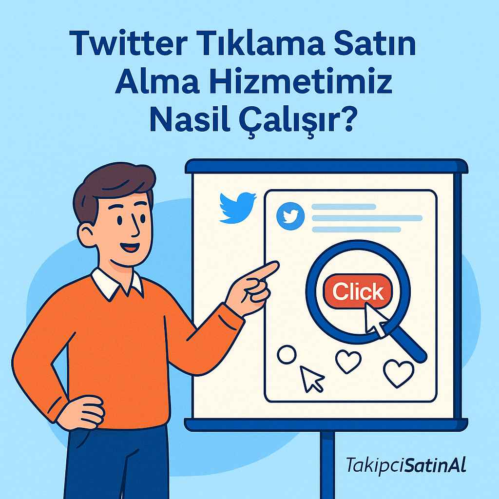 Twitter tıklama hizmetinin nasıl çalıştığını anlatan, sunum ekranı önünde buton gösterimi yapan karakterin yer aldığı, çizgi temalı bilgilendirici görsel.