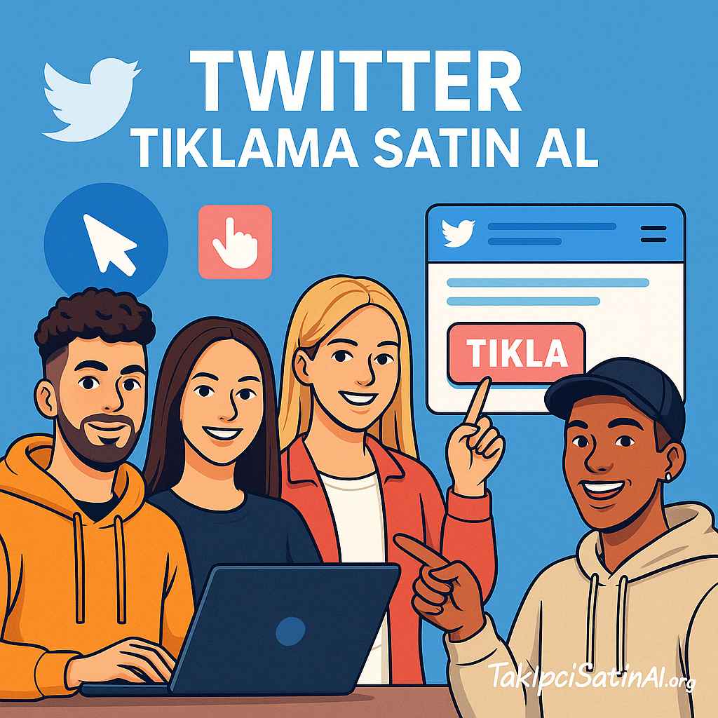Twitter tıklama satın alma hizmetini tanıtan, genç fenomen benzeri dört karakterin interaktif ikonlarla birlikte yer aldığı sosyal medya görseli.