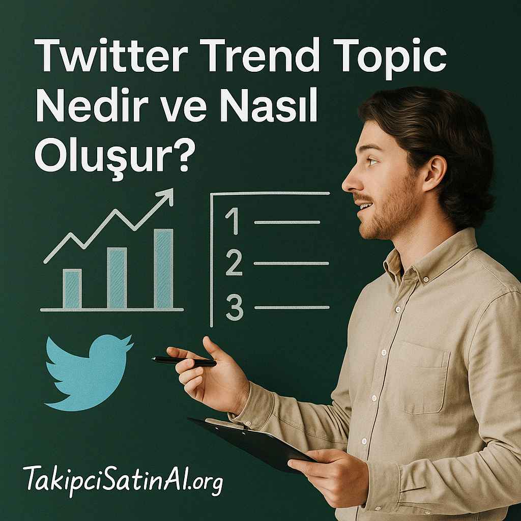 Twitter trend topic nedir ve nasıl oluşur sorusunu yanıtlayan, yeşil tahtada grafik ve listeyle sunum yapan genç adamın yer aldığı, net yazılmış başlıklı ve profesyonel görünümlü sosyal medya görseli.